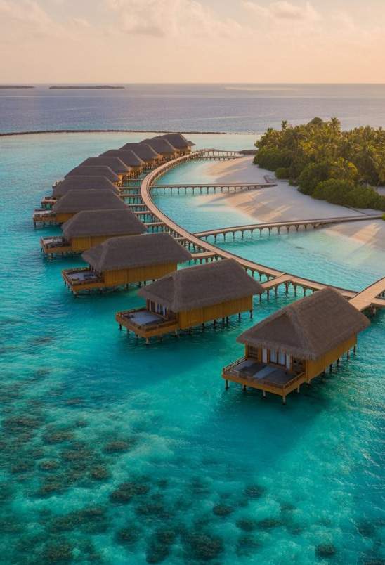 Overwater villas in a Maldivian lagoon at sunset